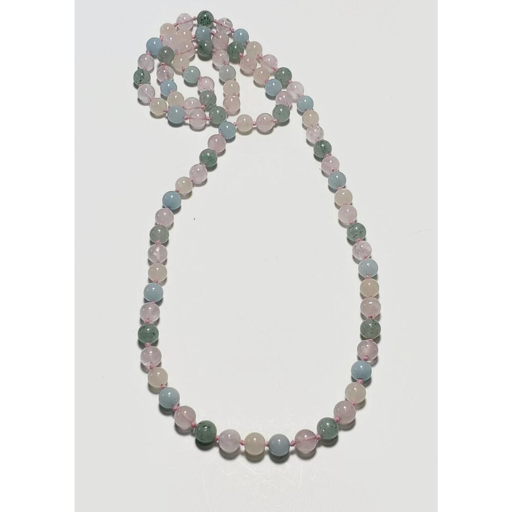 Pastel Rose Quartz Aventurine Hand Knotted Gemstone Necklace 32 in.
